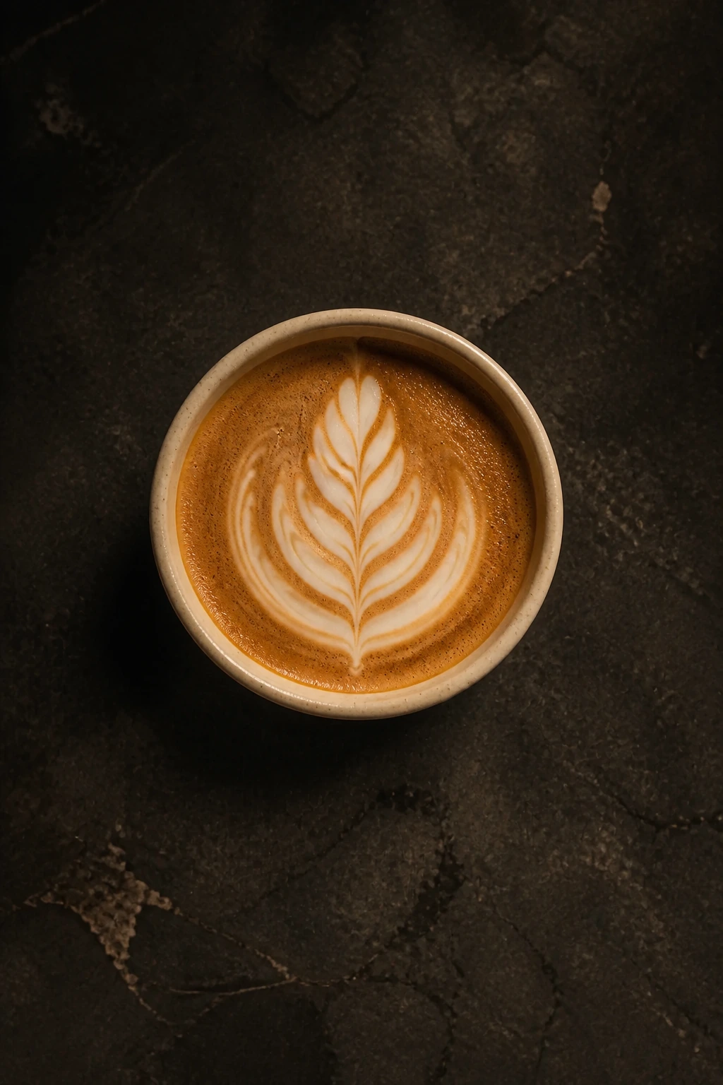 Cappuccino mit Latte Art von oben auf dunklem Stein