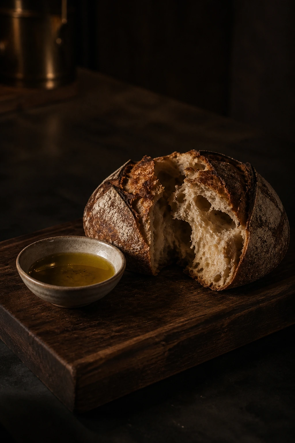 Aufgebrochenes Sauerteigbrot mit Schale Olivenöl auf Holzbrett