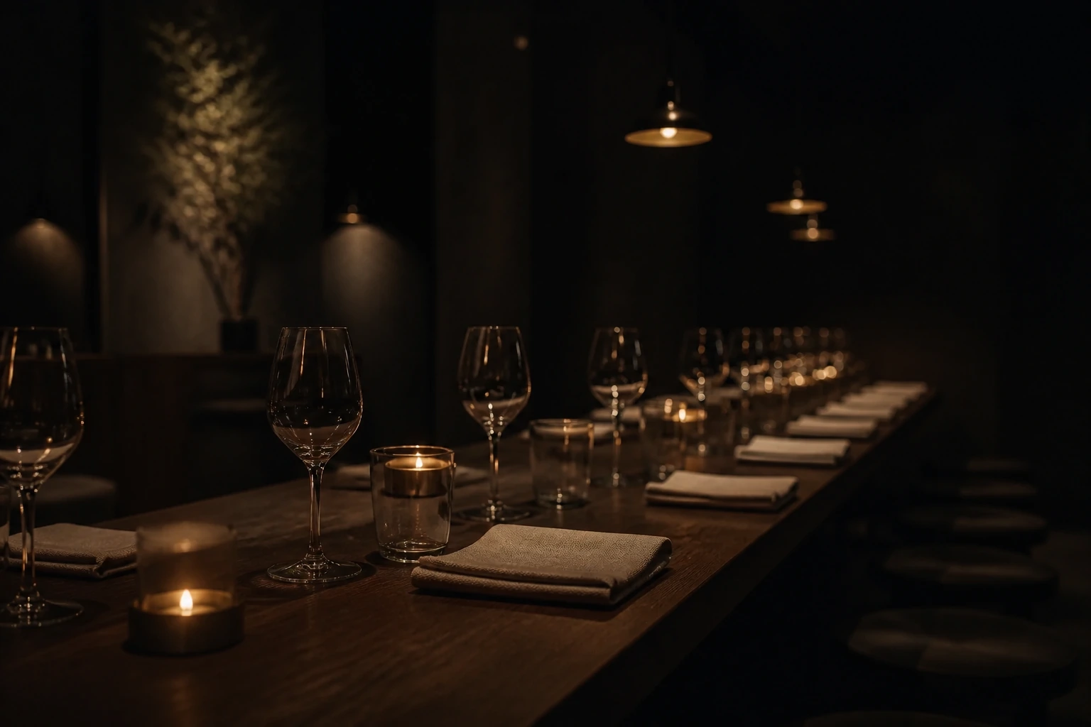 Gedeckte Tafel mit Gläsern und Kerzen im Halbdunkel
