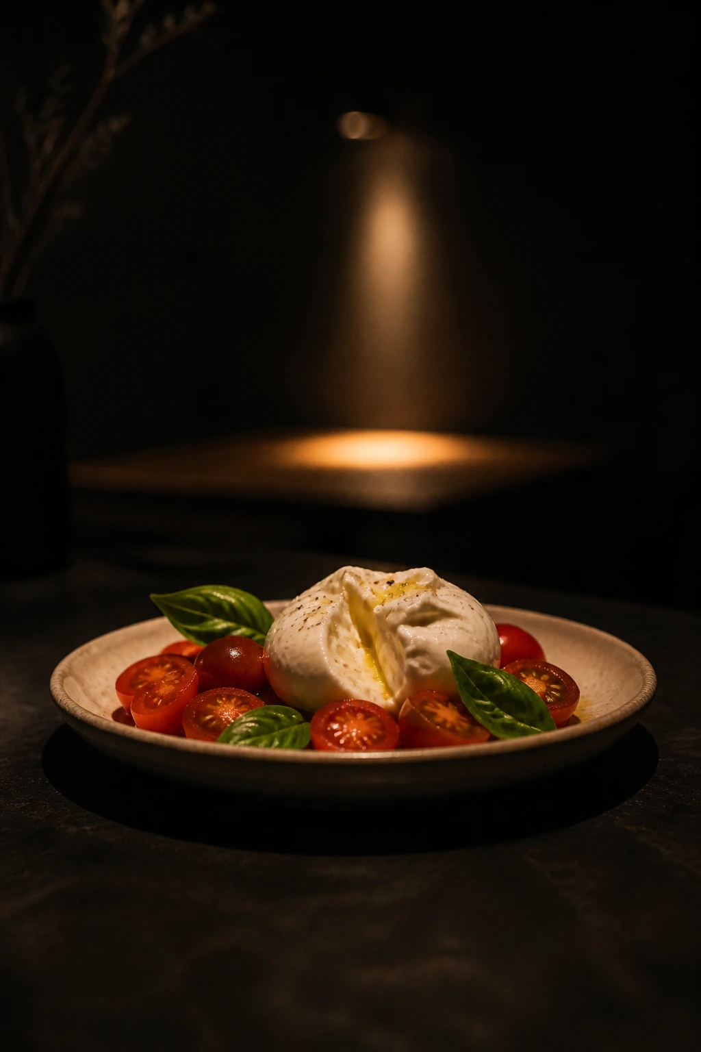 Burrata mit Tomaten und Basilikum auf hellem Teller