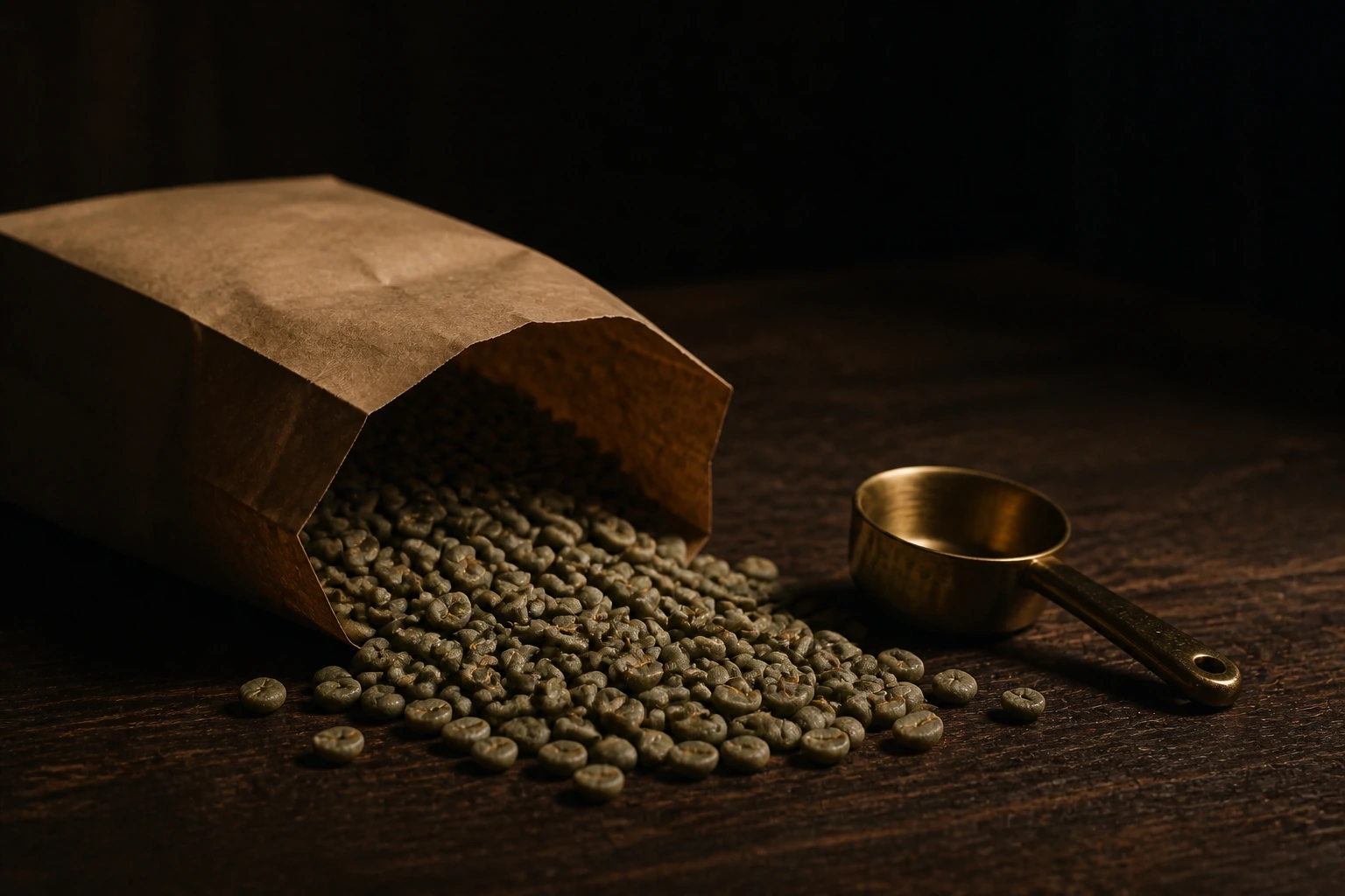 Rohkaffee quillt aus einem Papiersack, daneben eine Messingschaufel
