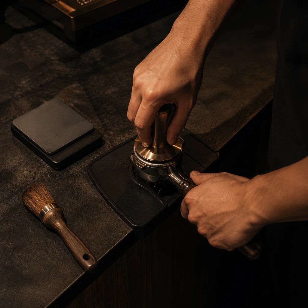 Hände beim Tampern des Kaffeepulvers im Siebträger