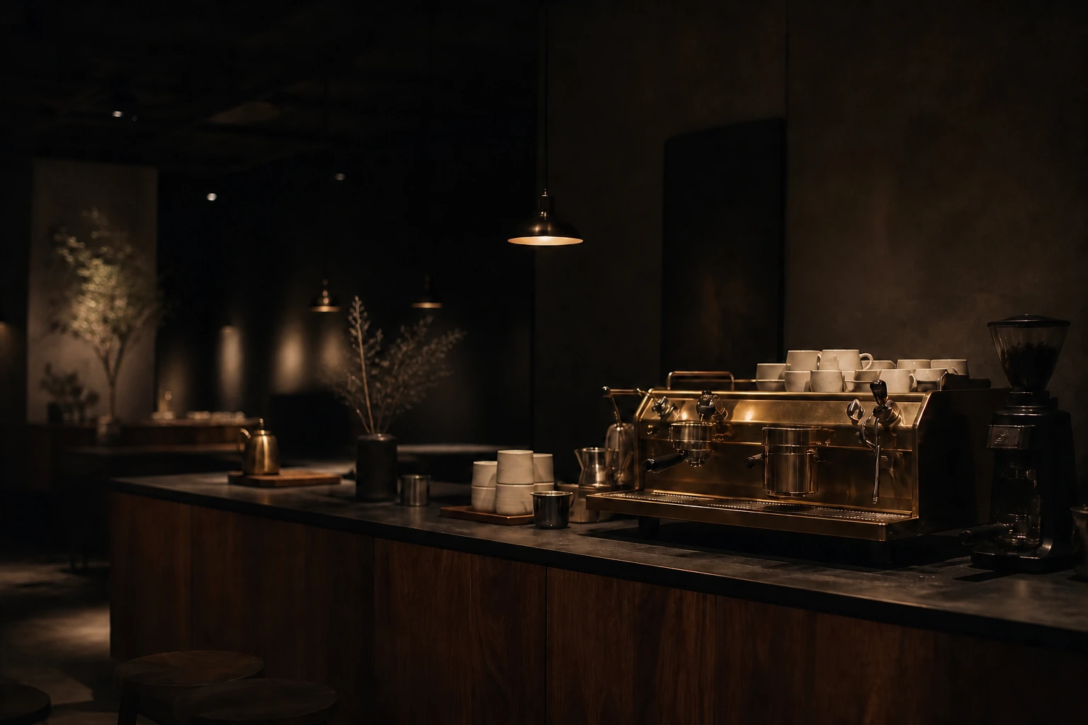 Die Bar am Abend: Espressomaschine aus Messing, warmes Licht über dem Tresen