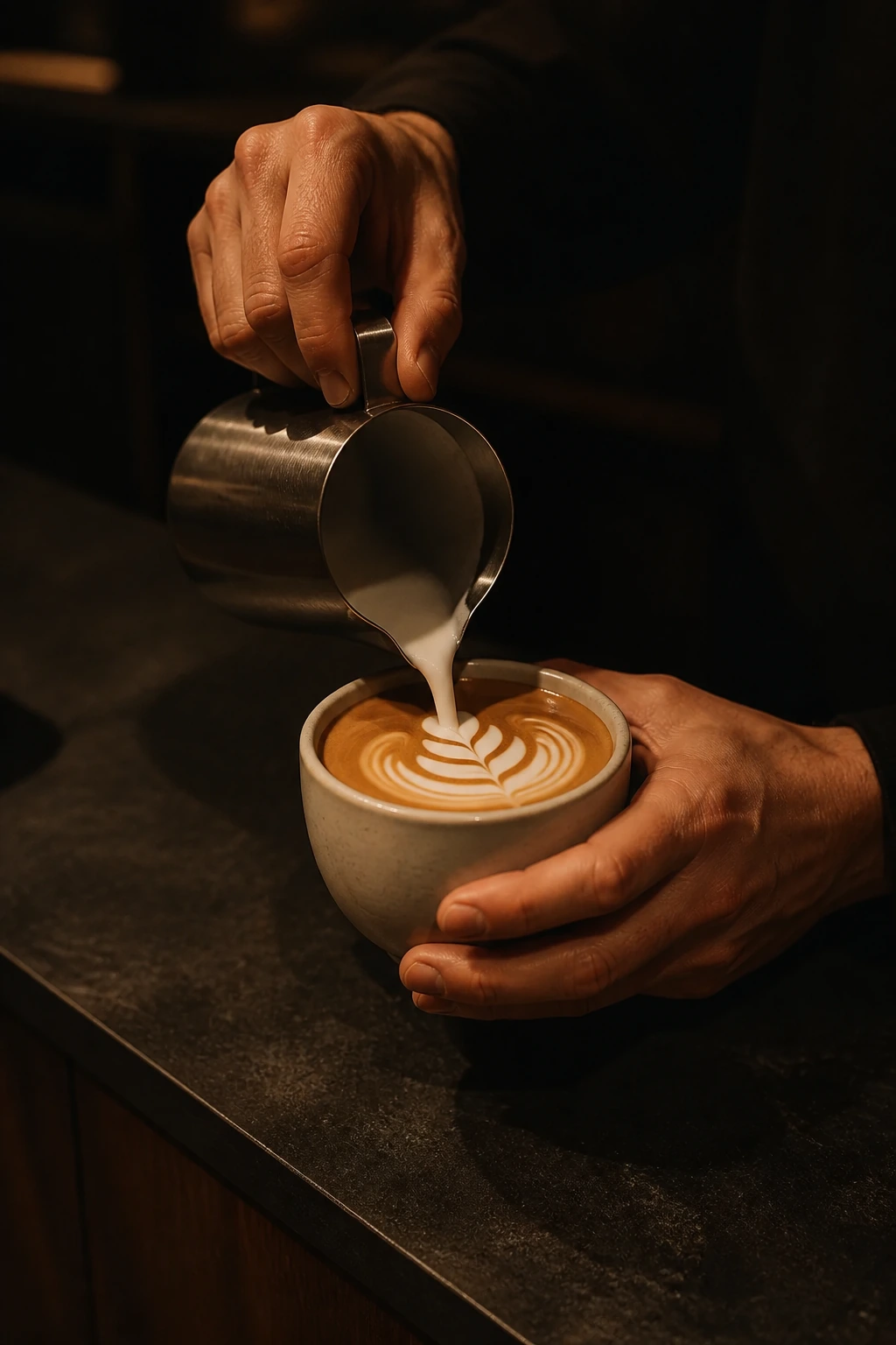 Hände giessen Milch in einen Espresso, Latte Art entsteht